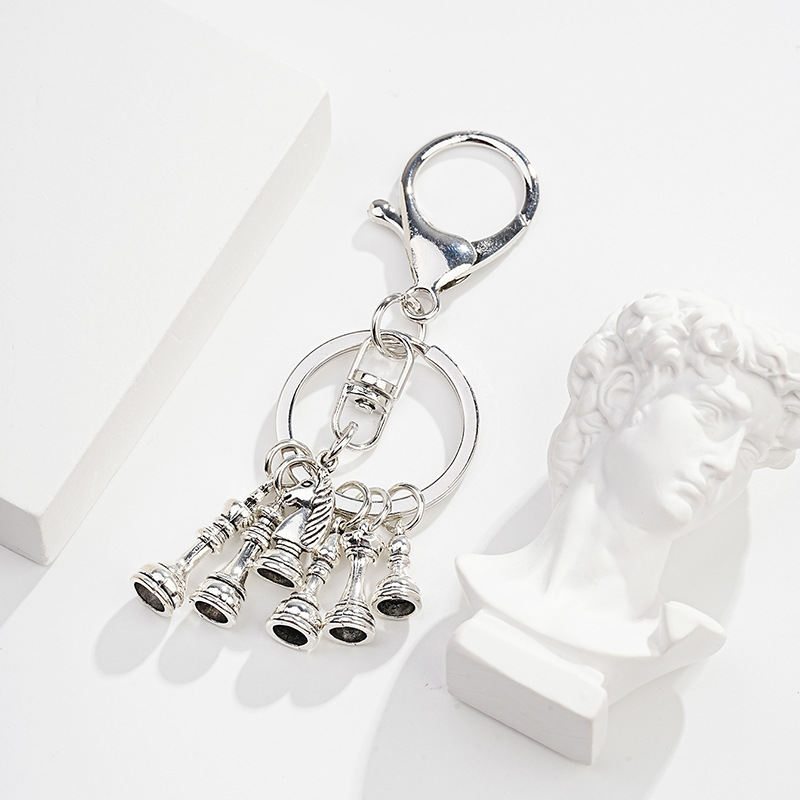 Silver Metal Chess Piece Key Chain Set