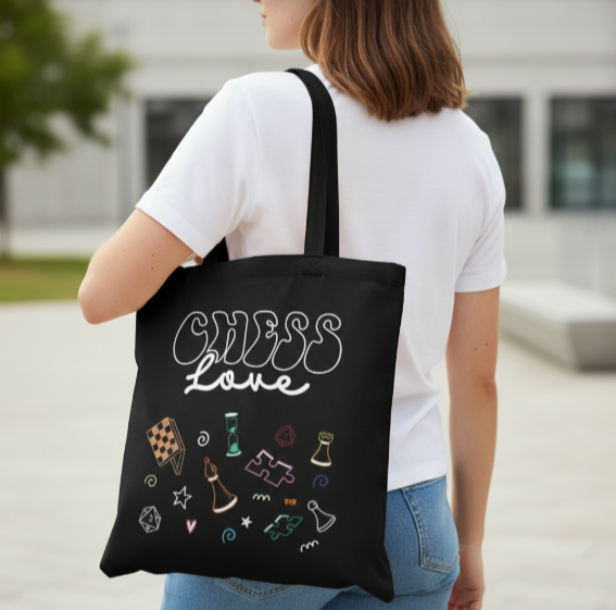 Chess Canvas Bag - Black with Zipper Pocket, Casual Shoulder Bag, Dirt-Resistant & Versatile, Chess Piece Design Handbag