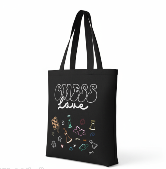 Chess Canvas Bag - Black with Zipper Pocket, Casual Shoulder Bag, Dirt-Resistant & Versatile, Chess Piece Design Handbag