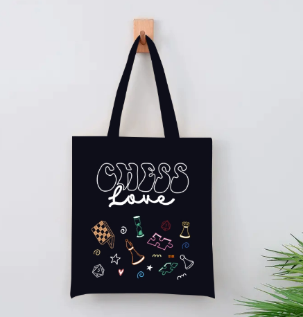 Chess Canvas Bag - Black with Zipper Pocket, Casual Shoulder Bag, Dirt-Resistant & Versatile, Chess Piece Design Handbag