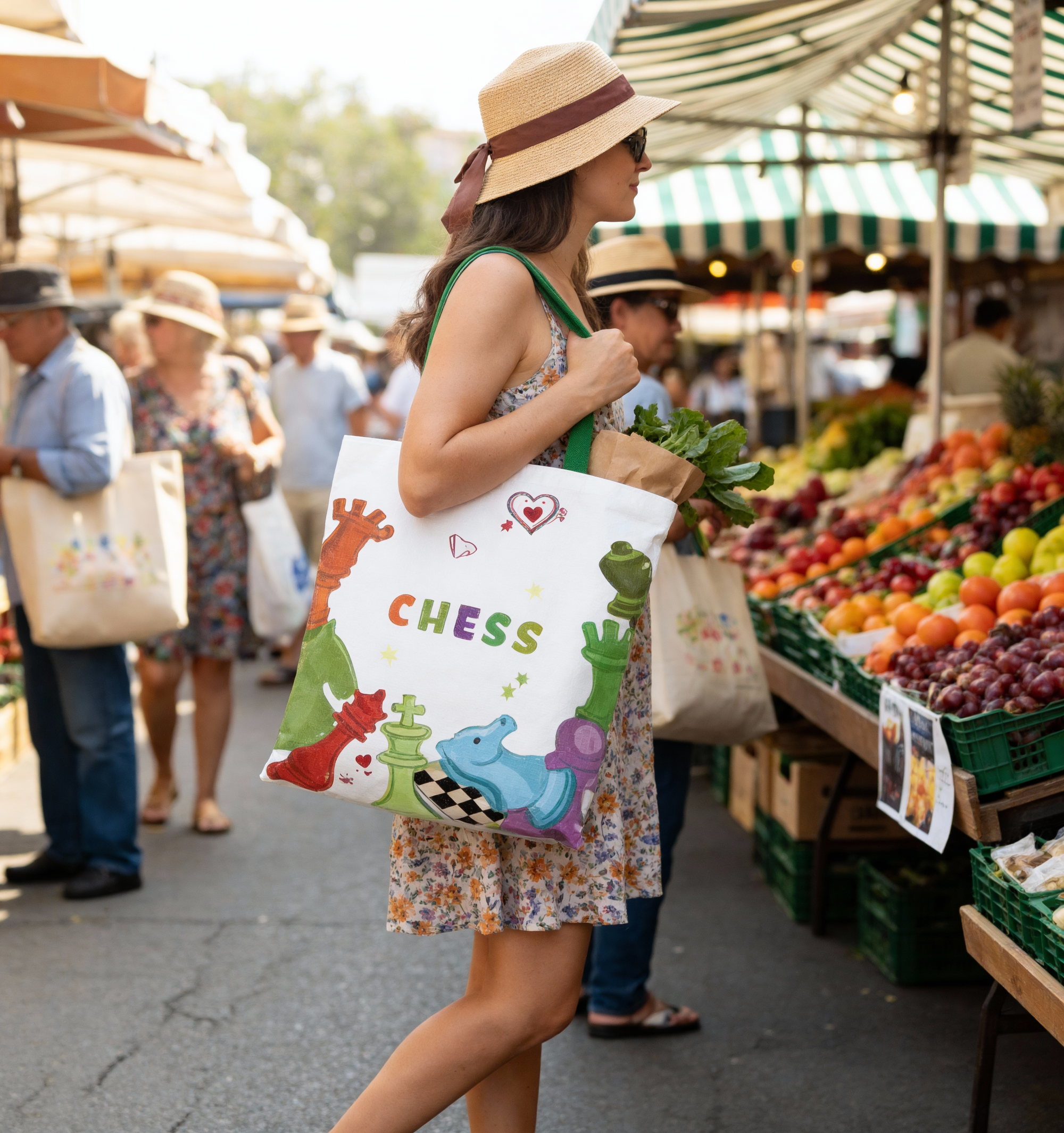 Chess Canvas Bag with Colorful Chess Pieces - with Zipper Pocket, Casual Shoulder Bag, Dirt-Resistant & Versatile, Chess-Themed Handbag
